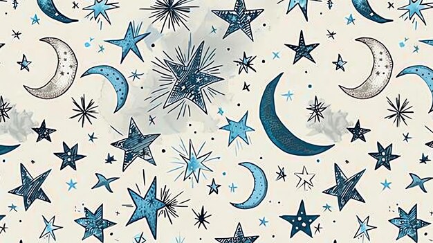 Zdjęcie bezszwowy wzór niebieskiej i białej gwiazdy i księżyca na beżowym tle