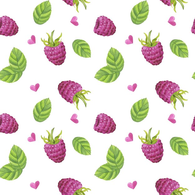 Bezszwowy wzór różowa malina słodka jagoda z zielonymi liśćmi Klipart żywności botanicznej Ręcznie narysowana ilustracja akwarelowa izolowane tło Drukowanie na opakowaniu z papieru tkaninowego