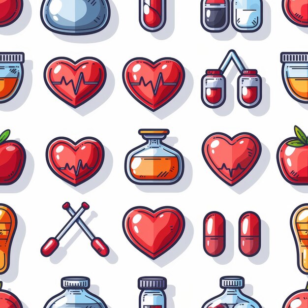 Bezszwowy wzór serca z ikonami medycyny na białym tle