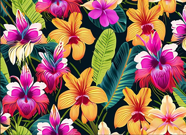 Zdjęcie bezszwowy wzór tła prezentujący kolekcję żywych i egzotycznych tropikalnych kwiatów, takich jak storczyki, bromelie i helikonie, dodając dotyku tropikalnego raju
