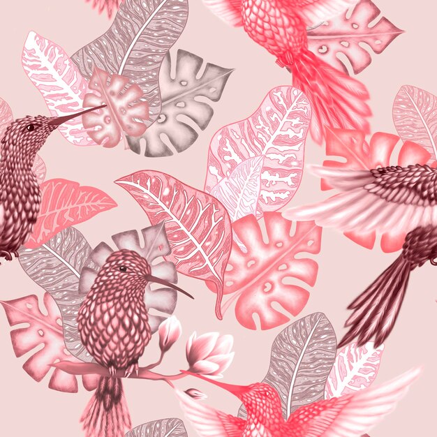 Bezszwowy wzór w stylu chinoiserie z kolibrem i liśćmi świetny na tapetę ślubną
