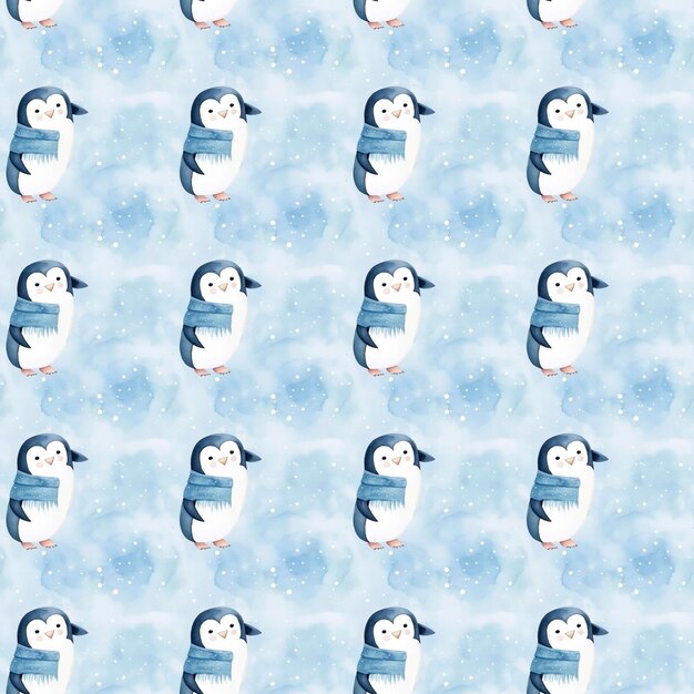 Bezszwowy wzór z akwarelowymi pingwinami pod śnieżnym niebem