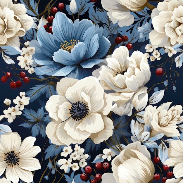 Bezszwowy wzór z białymi anemonami i czerwonymi jagodami na ciemno niebieskim tle Ilustracja wektorowa T