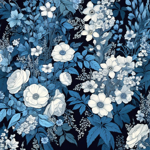Bezszwowy wzór z białymi kwiatami na ciemno niebieskim tle
