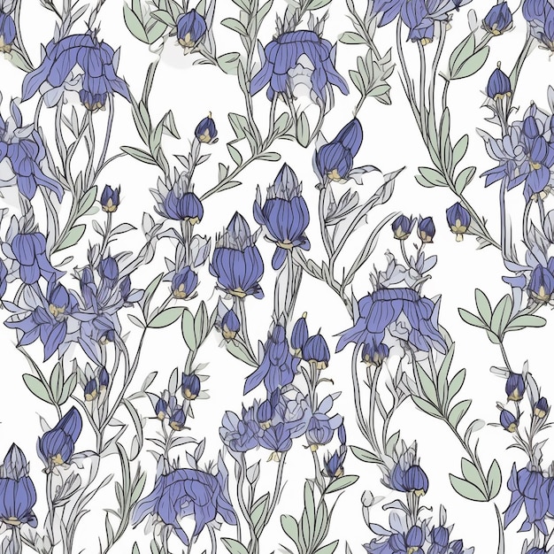 Zdjęcie bezszwowy wzór z błękitnymi kwiatami i zielonymi liśćmi.