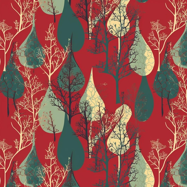 Bezszwowy wzór z drzewami i liśćmi na czerwonym tle.