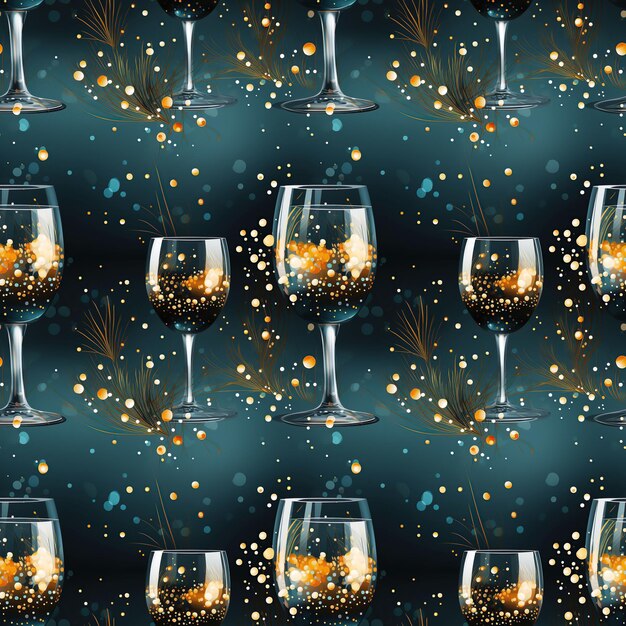 Zdjęcie bezszwowy wzór z kieliszkami alkoholu szampanowego na niebieskim tle świąteczne tło do dekoracji papieru opakowaniowego