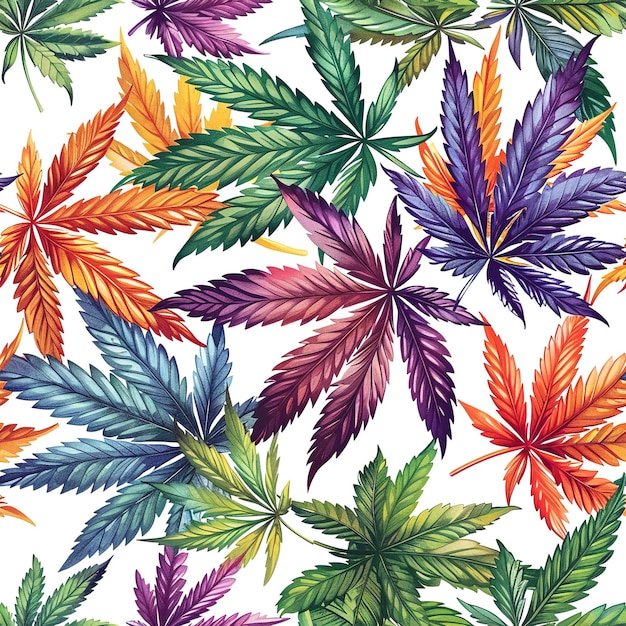 bezszwowy wzór z kolorowymi jasnymi liśćmi marihuany na białym tle dla tkaniny