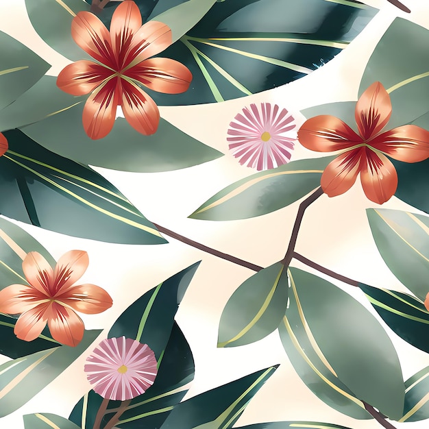 Bezszwowy wzór z kwiatami i liśćmi tło kwiatowy wzór na tapetę lub tkaninę Płytka botaniczna Generatywna sztuczna inteligencja na ubrania odzież sukienka tekstura druk tekstylny