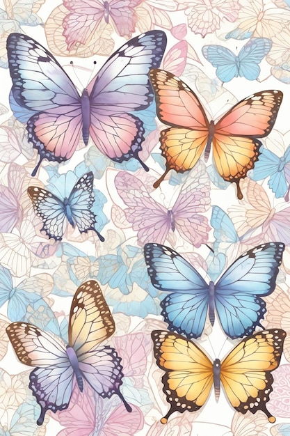 Bezszwowy wzór z motylami 3D ilustracją w pastelowych kolorach