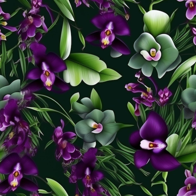 Bezszwowy wzór z purpurowymi i zielonymi orchideami.