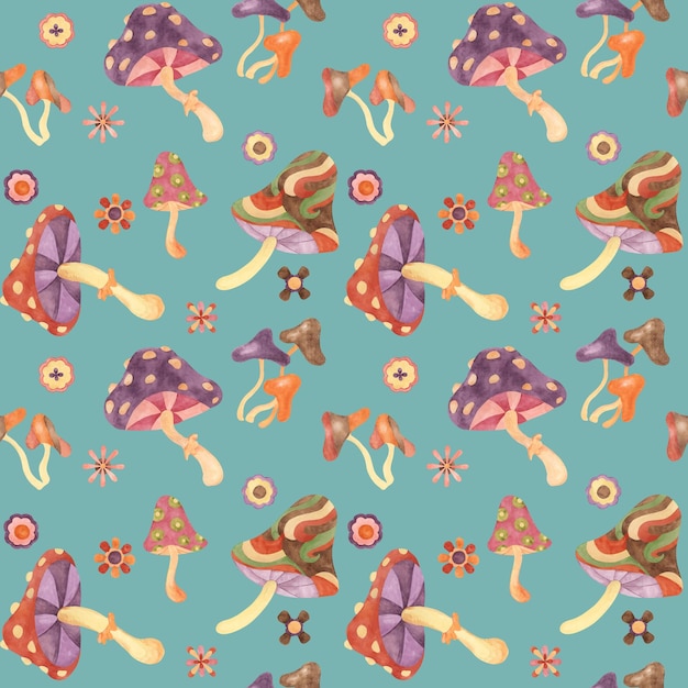 Bezszwowy wzór z retro grzybami i kwiatami w akwarelach Vintage hippie ozdób tekstylny Nostalgiczny druk dla odzieży tapety scrapbooking
