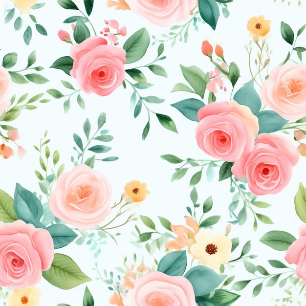 Bezszwowy wzór z różowymi różami i zielonymi liśćmi.