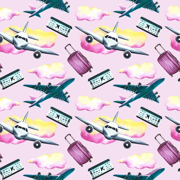Zdjęcie bezszwowy wzór z samolotami pasażerskimi walizki bilety akwarela ręka rysująca ilustracja