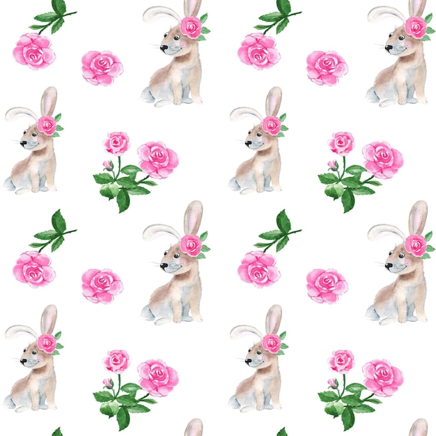 Bezszwowy wzór z ślicznym króliczkiem i różanymi kwiatami akwarela ręka rysująca ilustracja