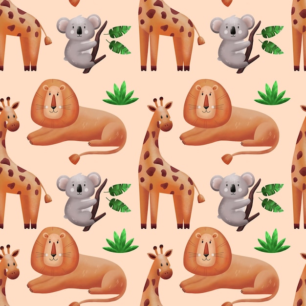 Bezszwowy wzór z uroczymi dzikimi zwierzętami Zwierzęta w dżungli Żyrafa koala liście lwa