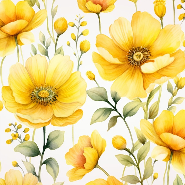 Bezszwowy wzór z żółtymi kwiatami i liśćmi