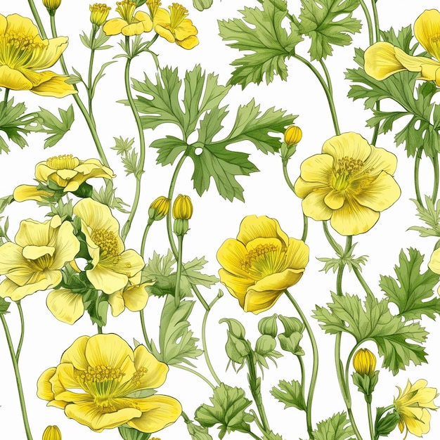 Bezszwowy wzór z żółtymi kwiatami i zielonymi liśćmi.