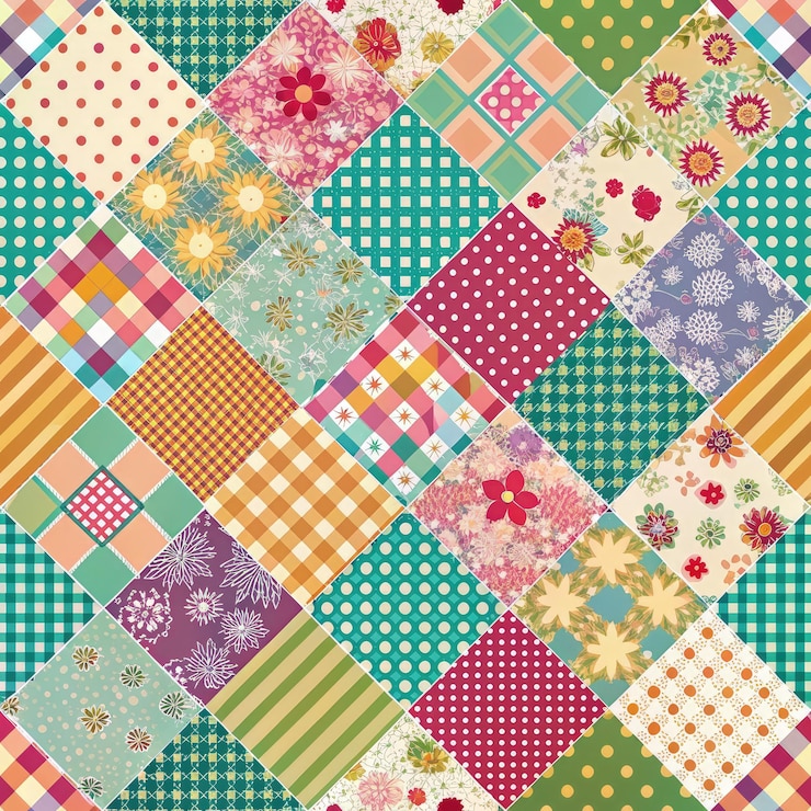 Zdjęcie bezszwy patchwork quilt pattern w kolorowych wzorach kwiatowych i geometrycznych generatywna sztuczna inteligencja