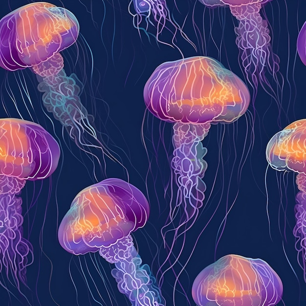 Bezszwy wzór z ilustracją meduz na niebieskim tle