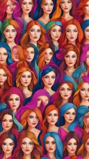 Bezszwy wzór z ilustracją twarzy kobiet powtarzalny tło z kobietami