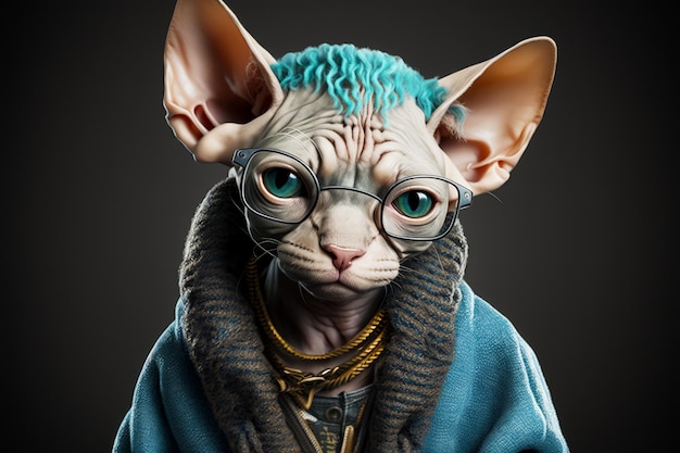 Bezwłosy kot w okularach i niebieskim swetrze z kapturem Generative AI
