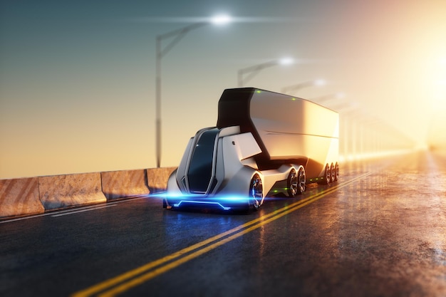 Bezzałogowy autonomiczny transport ładunków Autonomiczna elektryczna samojezdna ciężarówka porusza się po drodze Szybki transport dostaw ładunków bez kierowców Renderowanie 3D Ilustracja 3D