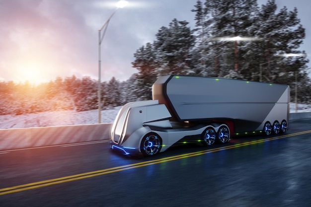 Zdjęcie bezzałogowy autonomiczny transport ładunków autonomiczna elektryczna samojezdna ciężarówka z przyczepą porusza się po drodze szybki transport ładunków bez kierowców