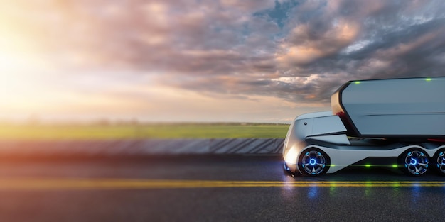 Bezzałogowy autonomiczny transport ładunków Autonomiczna elektryczna samojezdna ciężarówka z przyczepą porusza się po drodze Szybki transport ładunków bez kierowców