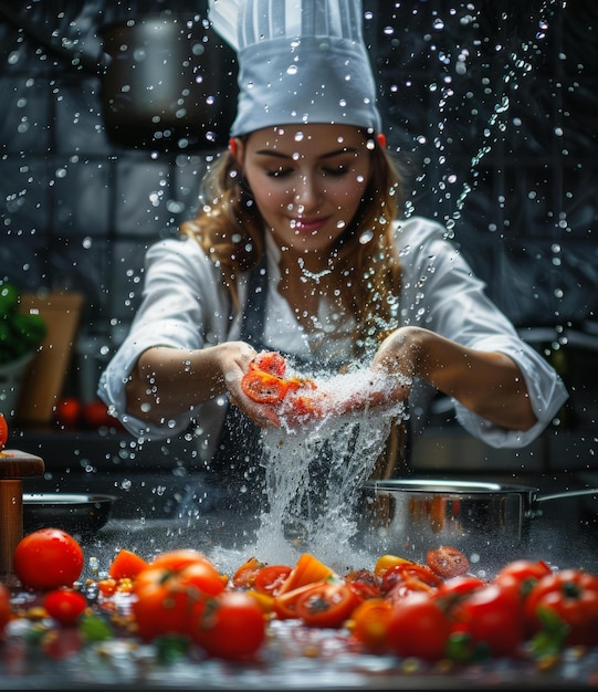 Zdjęcie bfemale chef washing tomatoes under running water in commercial kitchen