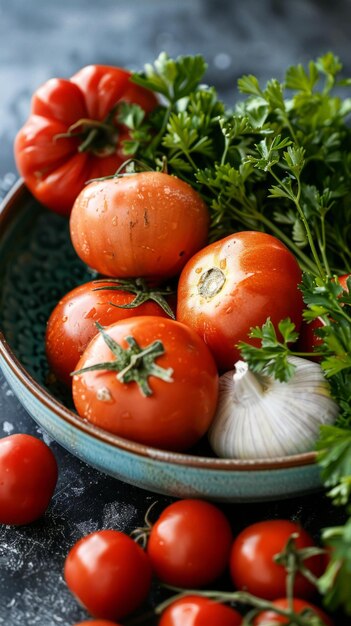 Zdjęcie bfresh organic tomatoes and parsley on a blue bowl
