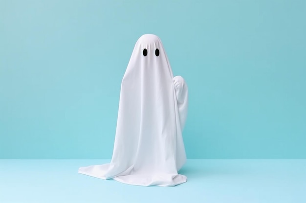 Bia?y duch na pastelowym tle Minimalna przerażająca koncepcja Halloween Arkusz Ghost Kostium na Halloween Minimalistyczna kompozycja z miejsca kopiowania AI generowane
