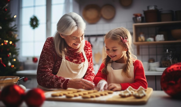 Biała babcia piecząca ciasteczka na Boże Narodzenie z wnuczką świąteczne pieczenie