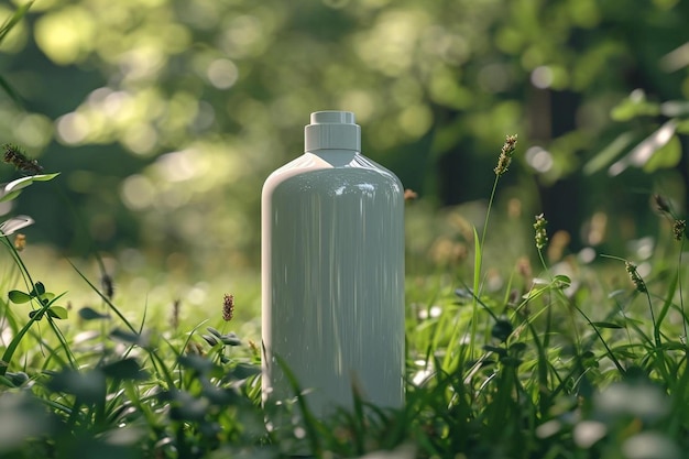 Zdjęcie biała butelka na szczycie bujnego zielonego pola