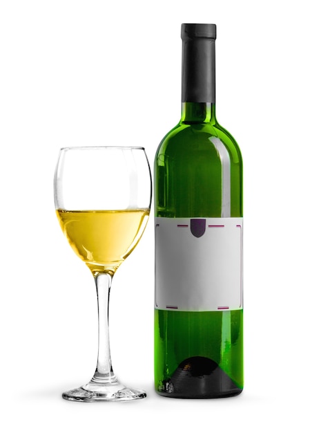Biała butelka wina i kieliszek na białym tle