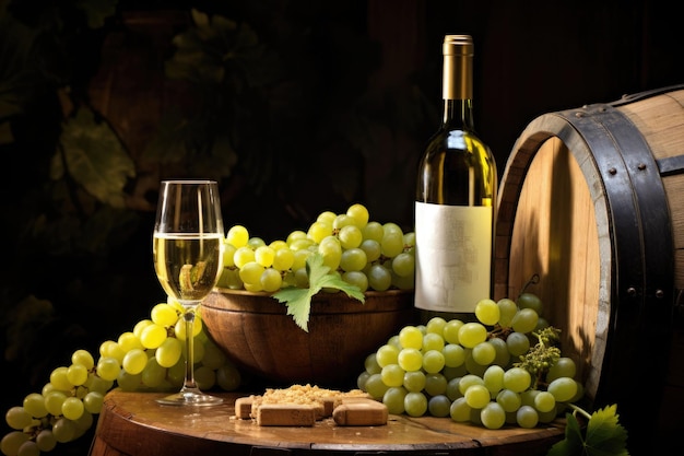 Biała butelka wina, winogrona i szklanka do wina w pobliżu drewnianej beczki, ilustracja wygenerowana przez AI