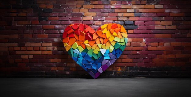 Biała ceglana ściana z graffiti serca w kolorze tęczy serce na ceglanej ścianie Generative Ai