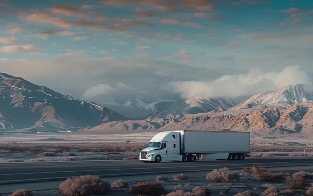 Biała ciężarówka na autostradzie z śnieżnym górskim krajobrazem i pochmurnym niebem ilustrującym zimowy transport