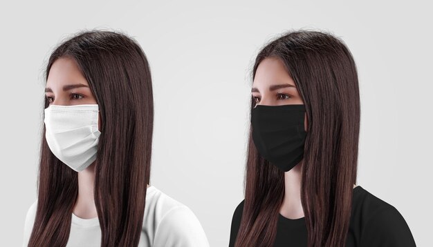 Zdjęcie biała czarna maska chirurgiczna z pętlami na uszy na pielęgniarce o ciemnych włosach odizolowana na tle