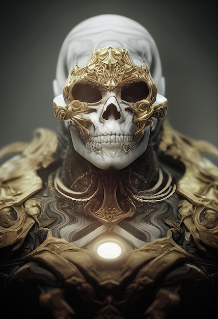 Biała czaszka ze złotymi ornamentami portret generowany przez sztuczną inteligencję