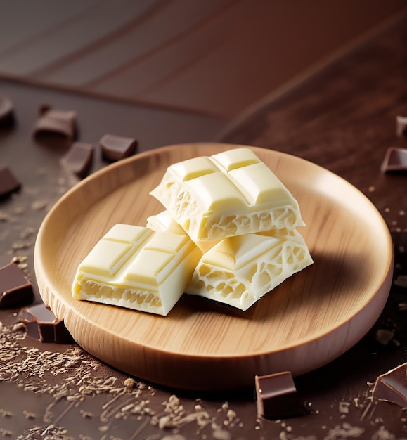 Biała czekolada na drewnianej płytce Generative Ai