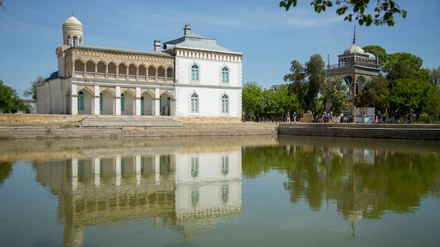 Biała domowa refleksja nad stawem