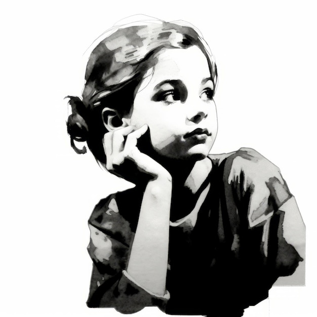 Biała dziewczyna myśli i wątpi w akwarelę ilustracja Młoda kobieta z marzycielską twarzą na abstrakcyjnym tle AI wygenerowała jasno narysowany czarno-biały plakat
