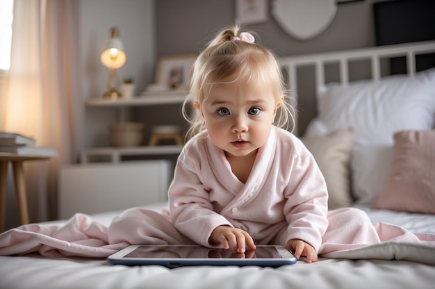 Zdjęcie biała dziewczynka z generacji alpha bada urządzenie cyfrowe w swoim pokoju