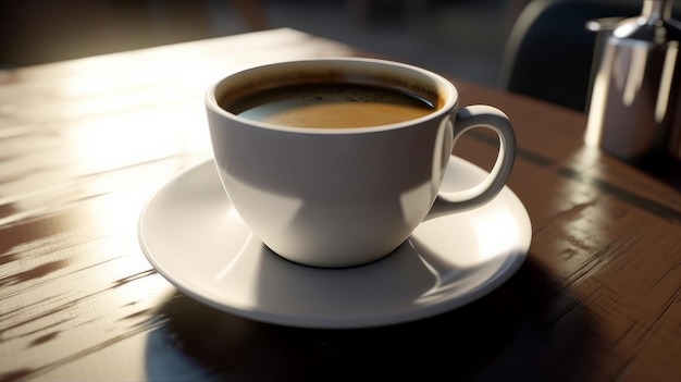 Biała filiżanka czarnej kawy na drewnianym stole Selekcyjna ostrość mała głębia pola Generative ai