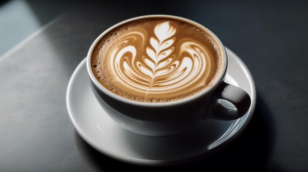 Biała filiżanka gorącej kawy latte z piękną mleczną pianką latte art tekstura widok z góry