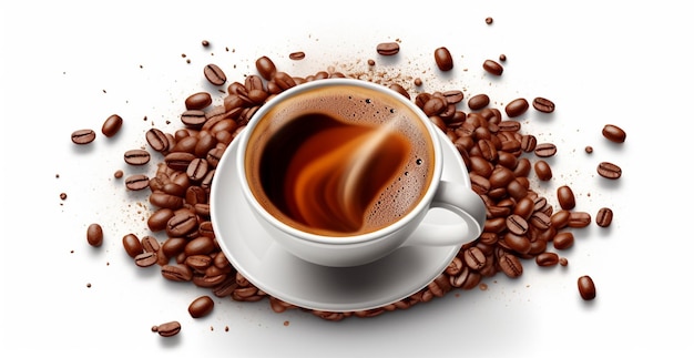 Biała filiżanka kawy z ziaren kawy na białym tle Obraz generowany przez AI