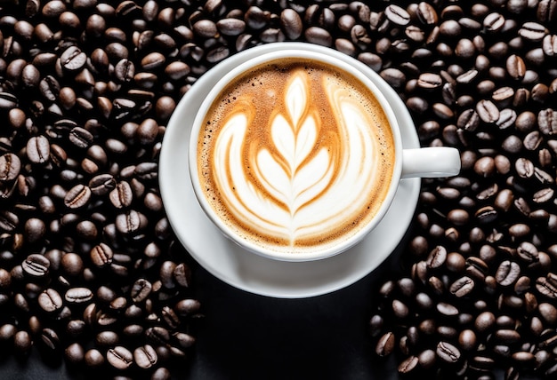 Biała filiżanka na powierzchni ziaren kawy, na której na czarnym tle tworzona jest sztuka latte