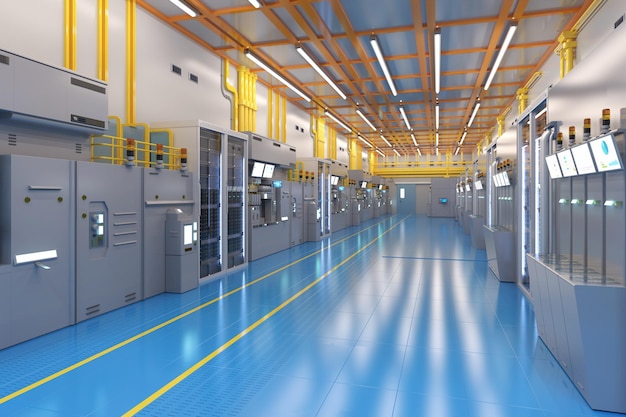 Biała futurystyczna fabryka półprzewodników lub wnętrze laboratorium z ekranem maszyny i komputera