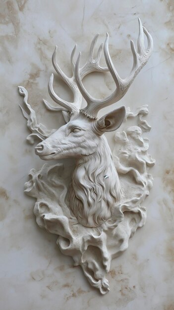 Biała głowa jelenia z rogami na ścianie Rysunek dzikiej przyrody